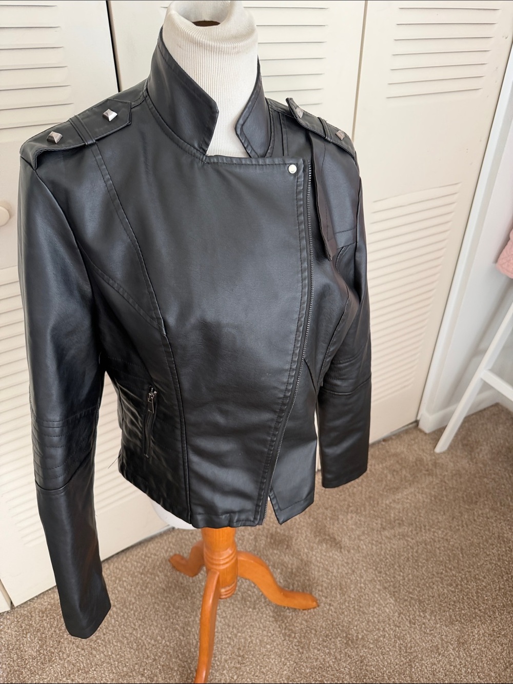 Women's Black Faux Leather Military-Style Jacket